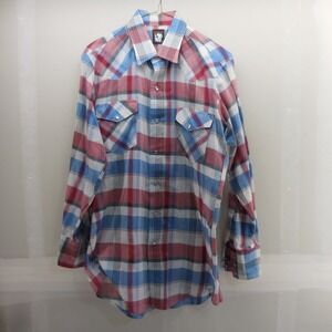 Vintage Karman Mens Western Pearl Snap Shirt Plaid Red White Blue Size Medium